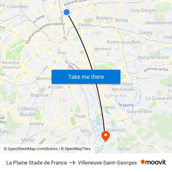 La Plaine Stade de France to Villeneuve-Saint-Georges map