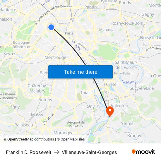 Franklin D. Roosevelt to Villeneuve-Saint-Georges map