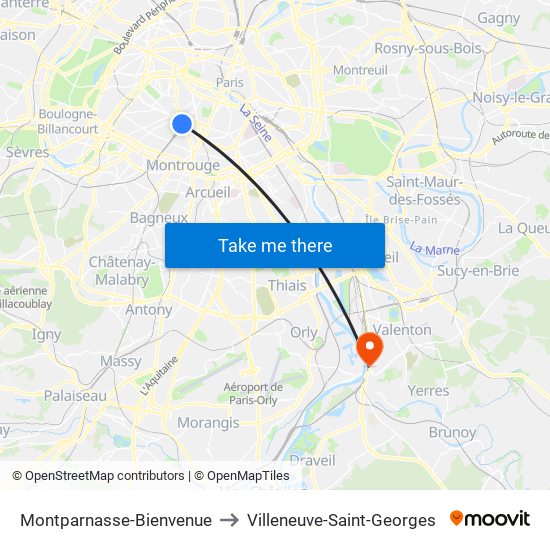 Montparnasse-Bienvenue to Villeneuve-Saint-Georges map