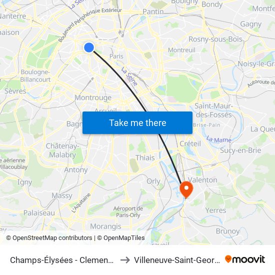 Champs-Élysées - Clemenceau to Villeneuve-Saint-Georges map
