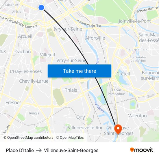 Place D'Italie to Villeneuve-Saint-Georges map