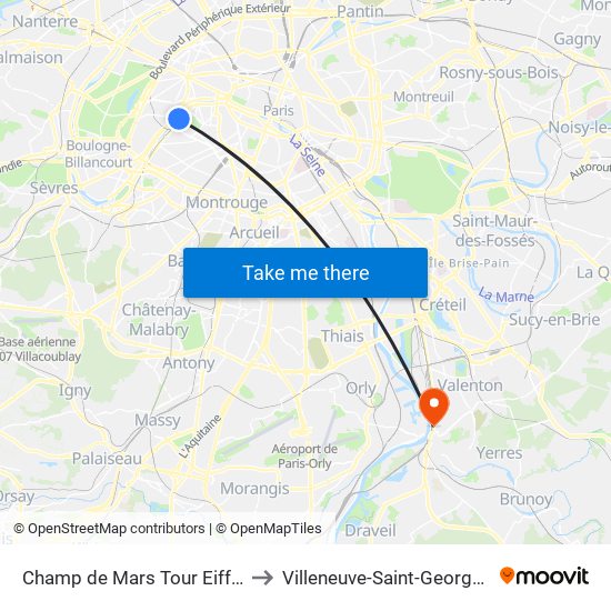 Champ de Mars Tour Eiffel to Villeneuve-Saint-Georges map