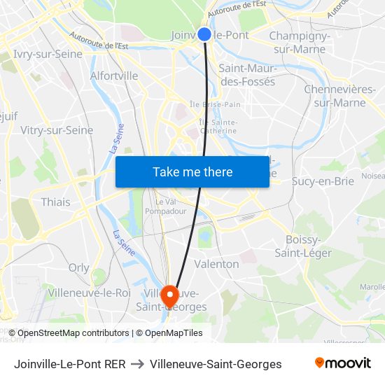 Joinville-Le-Pont RER to Villeneuve-Saint-Georges map