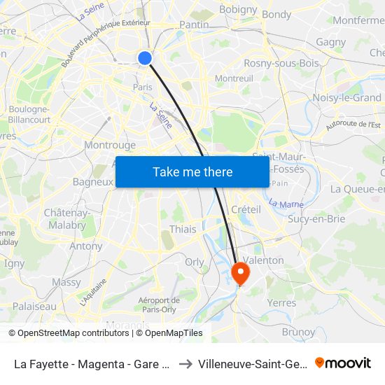 La Fayette - Magenta - Gare du Nord to Villeneuve-Saint-Georges map