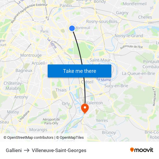 Gallieni to Villeneuve-Saint-Georges map
