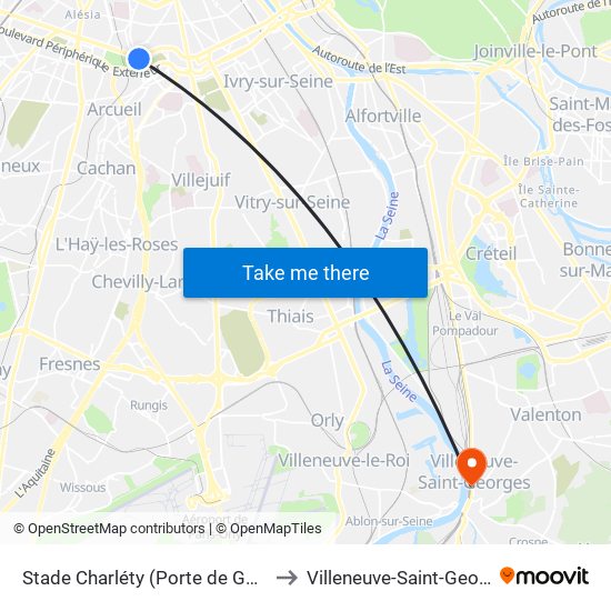 Stade Charléty (Porte de Gentilly) to Villeneuve-Saint-Georges map
