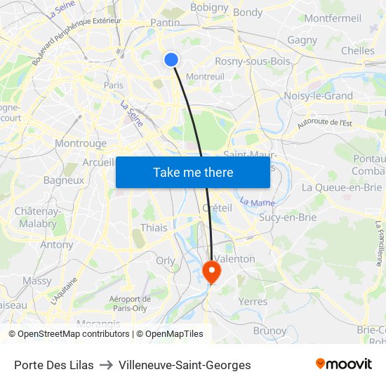 Porte Des Lilas to Villeneuve-Saint-Georges map