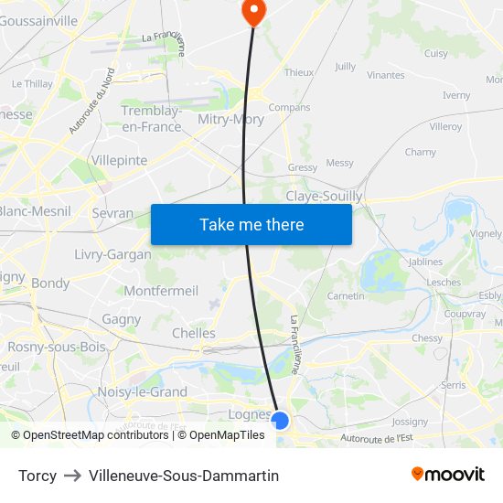 Torcy to Villeneuve-Sous-Dammartin map