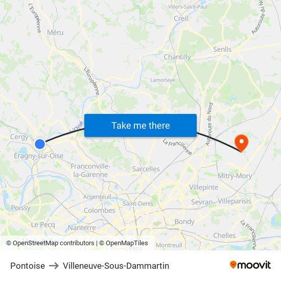 Pontoise to Villeneuve-Sous-Dammartin map