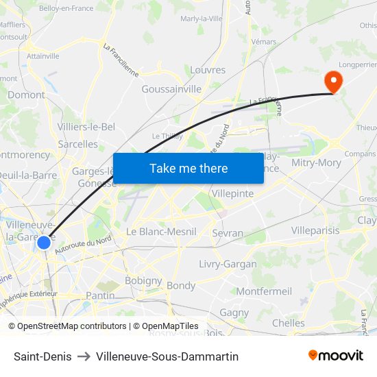 Saint-Denis to Villeneuve-Sous-Dammartin map