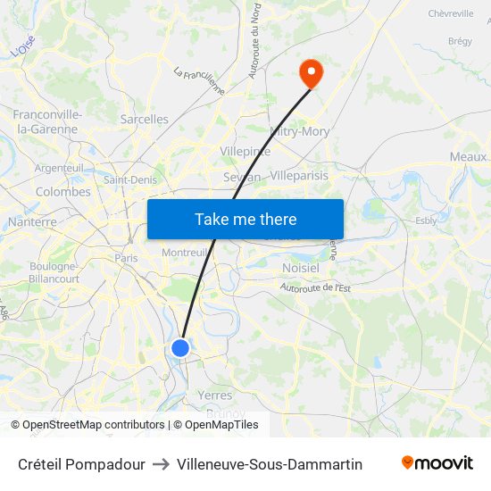 Créteil Pompadour to Villeneuve-Sous-Dammartin map