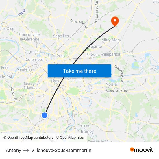 Antony to Villeneuve-Sous-Dammartin map