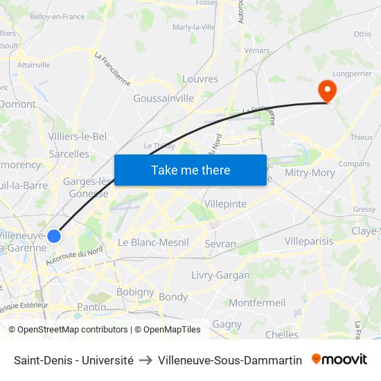 Saint-Denis - Université to Villeneuve-Sous-Dammartin map