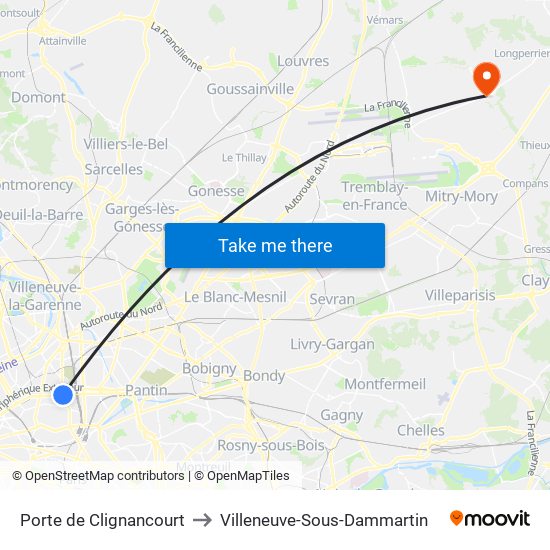 Porte de Clignancourt to Villeneuve-Sous-Dammartin map