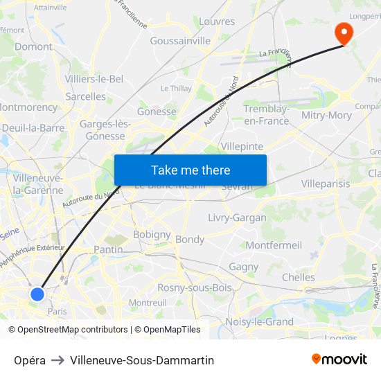 Opéra to Villeneuve-Sous-Dammartin map