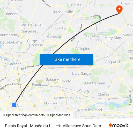 Palais Royal - Musée du Louvre to Villeneuve-Sous-Dammartin map