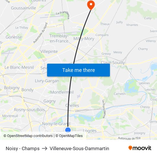 Noisy - Champs to Villeneuve-Sous-Dammartin map