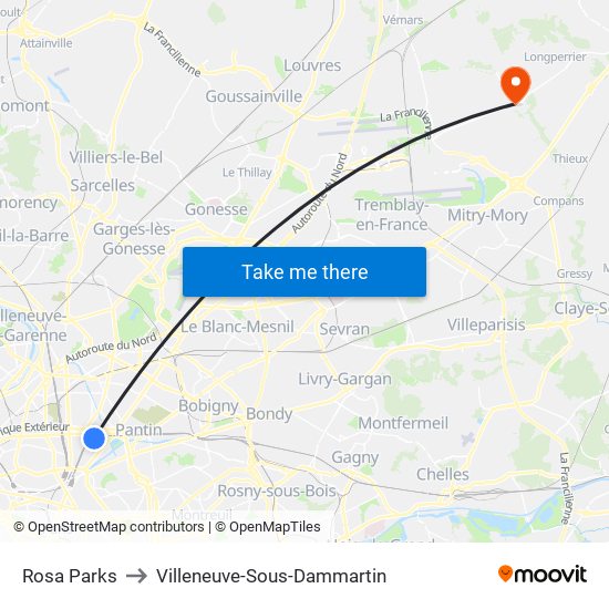 Rosa Parks to Villeneuve-Sous-Dammartin map
