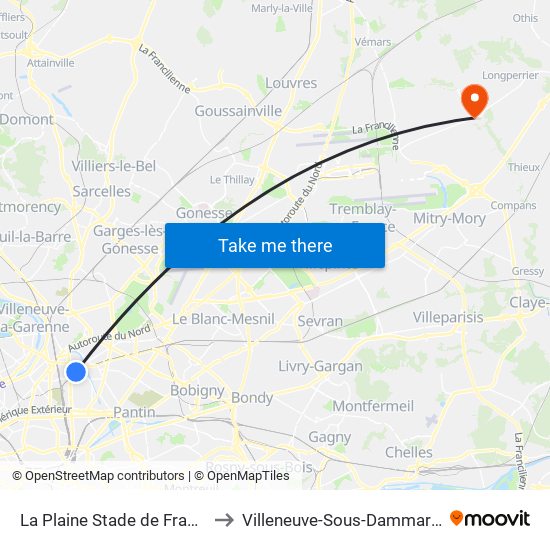 La Plaine Stade de France to Villeneuve-Sous-Dammartin map