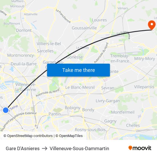 Gare D'Asnieres to Villeneuve-Sous-Dammartin map