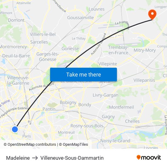 Madeleine to Villeneuve-Sous-Dammartin map