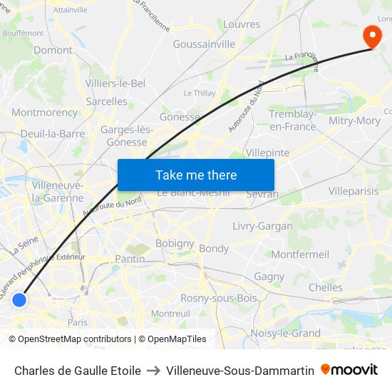Charles de Gaulle Etoile to Villeneuve-Sous-Dammartin map
