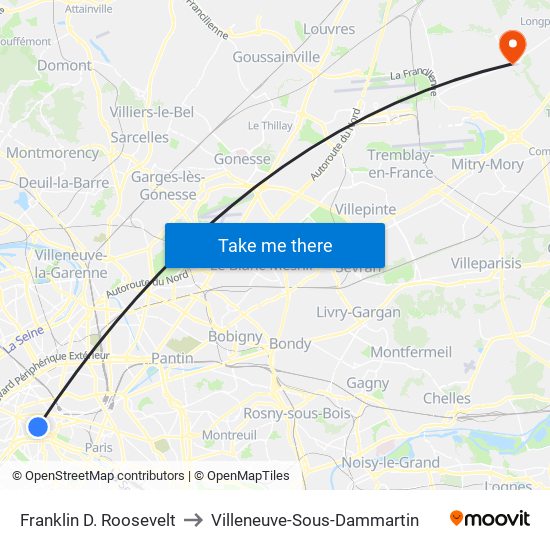 Franklin D. Roosevelt to Villeneuve-Sous-Dammartin map