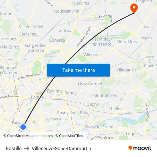 Bastille to Villeneuve-Sous-Dammartin map