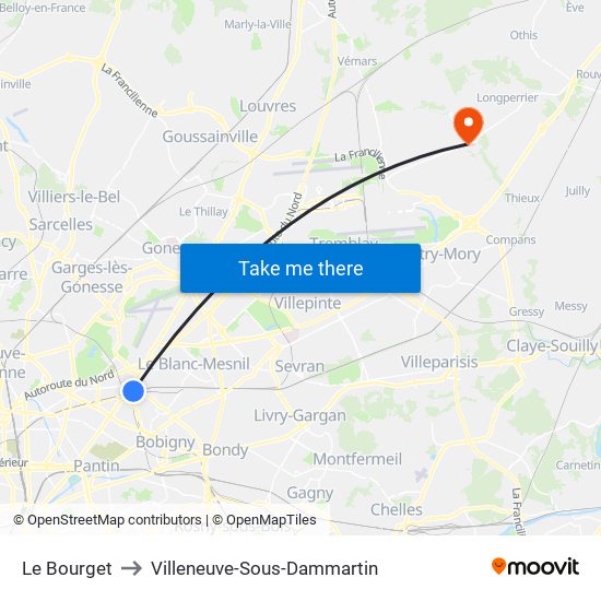 Le Bourget to Villeneuve-Sous-Dammartin map