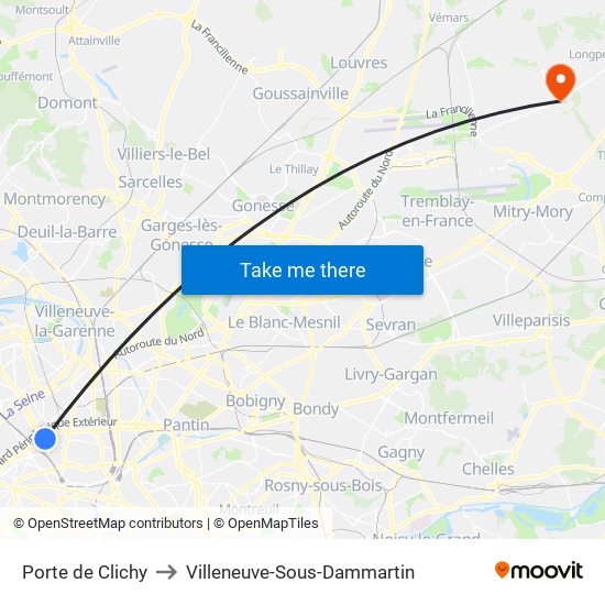 Porte de Clichy to Villeneuve-Sous-Dammartin map