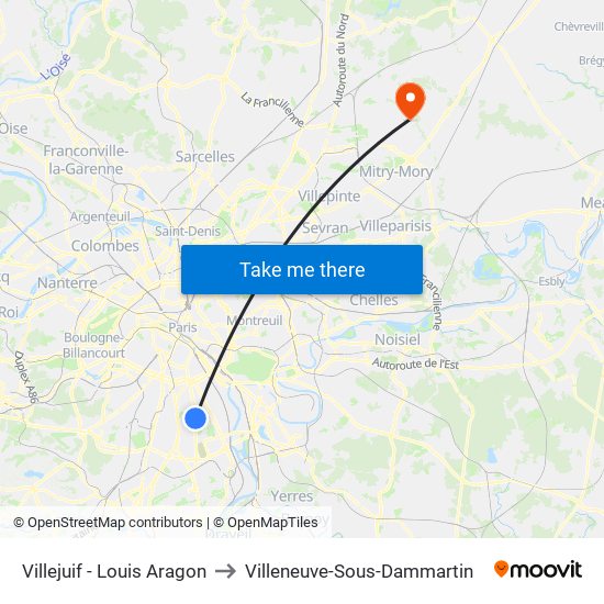 Villejuif - Louis Aragon to Villeneuve-Sous-Dammartin map