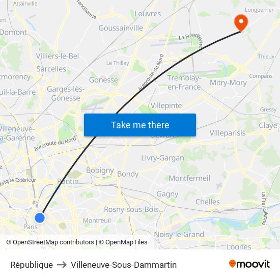 République to Villeneuve-Sous-Dammartin map