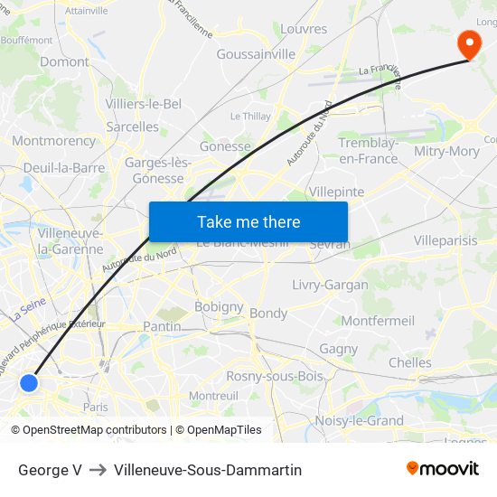 George V to Villeneuve-Sous-Dammartin map