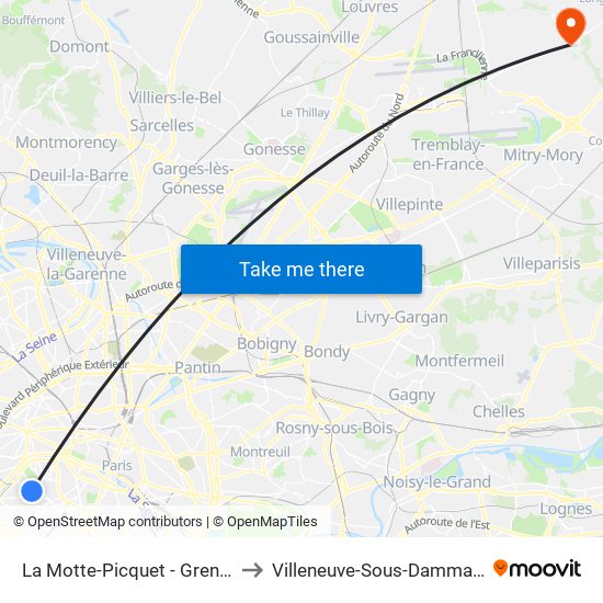 La Motte-Picquet - Grenelle to Villeneuve-Sous-Dammartin map