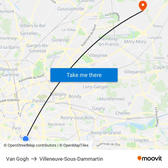 Van Gogh to Villeneuve-Sous-Dammartin map