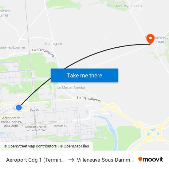 Aéroport Cdg 1 (Terminal 3) to Villeneuve-Sous-Dammartin map