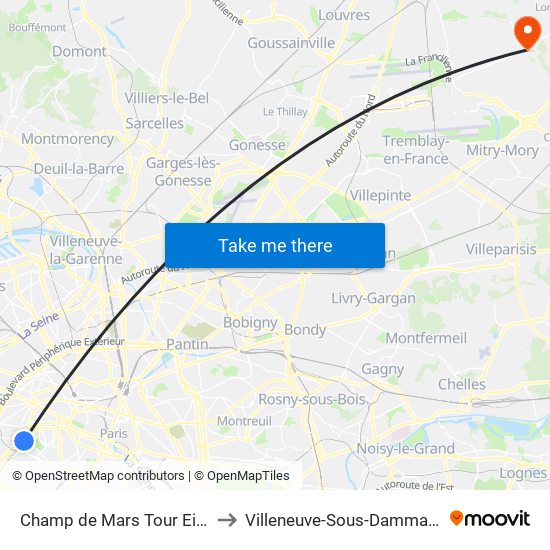 Champ de Mars Tour Eiffel to Villeneuve-Sous-Dammartin map