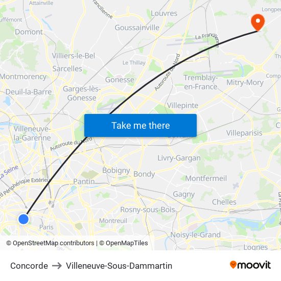 Concorde to Villeneuve-Sous-Dammartin map