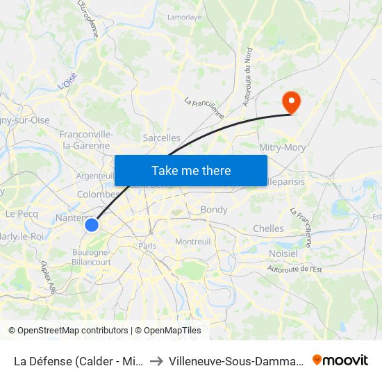 La Défense (Calder - Miro) to Villeneuve-Sous-Dammartin map