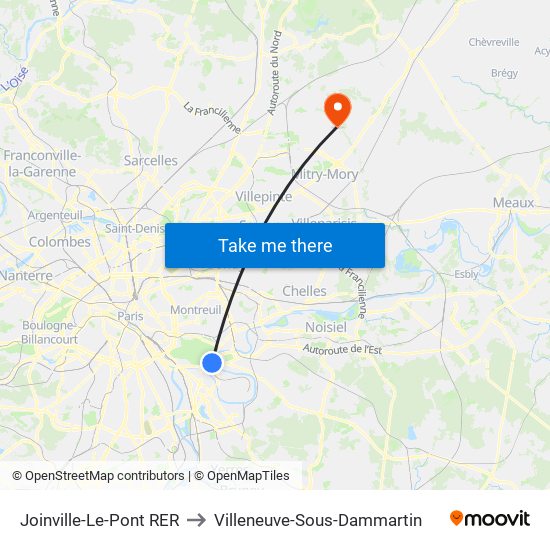 Joinville-Le-Pont RER to Villeneuve-Sous-Dammartin map