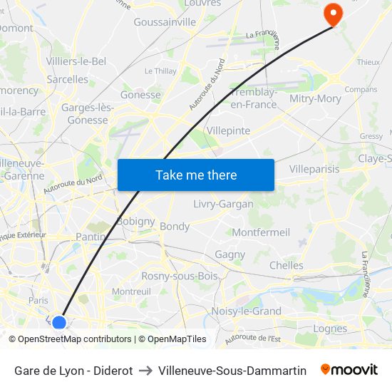 Gare de Lyon - Diderot to Villeneuve-Sous-Dammartin map