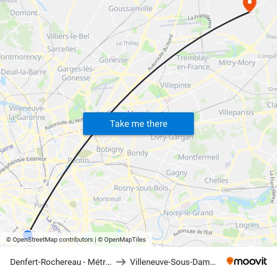 Denfert-Rochereau - Métro-Rer to Villeneuve-Sous-Dammartin map