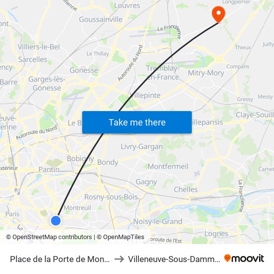 Place de la Porte de Montreuil to Villeneuve-Sous-Dammartin map