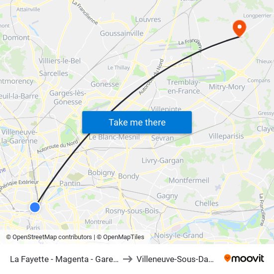 La Fayette - Magenta - Gare du Nord to Villeneuve-Sous-Dammartin map