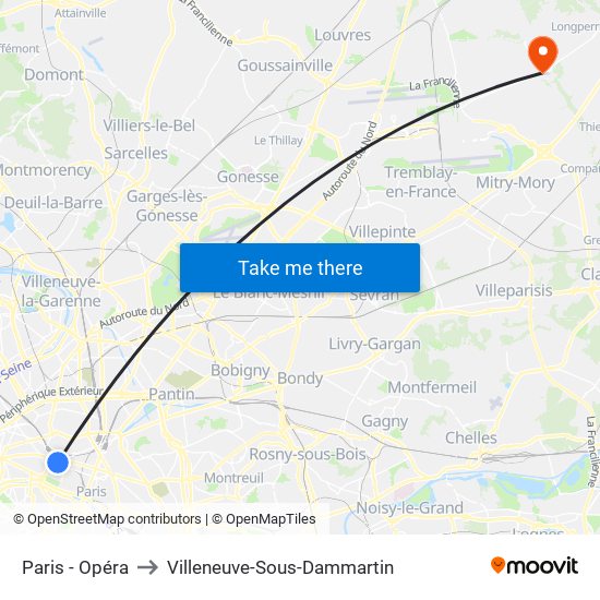 Paris - Opéra to Villeneuve-Sous-Dammartin map