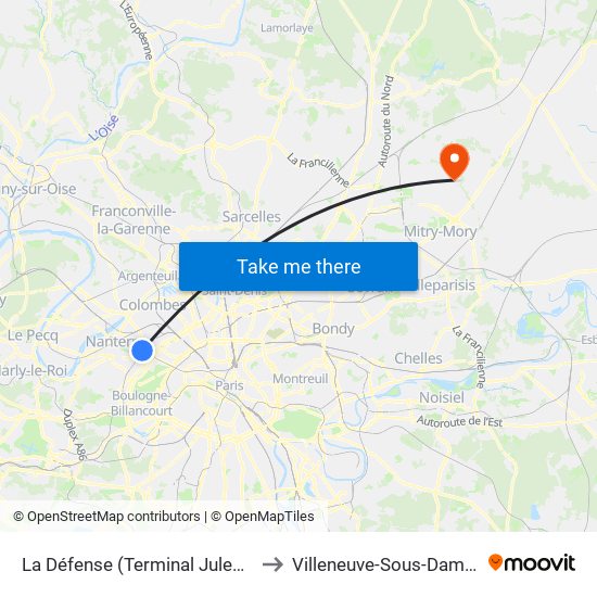 La Défense (Terminal Jules Verne) to Villeneuve-Sous-Dammartin map