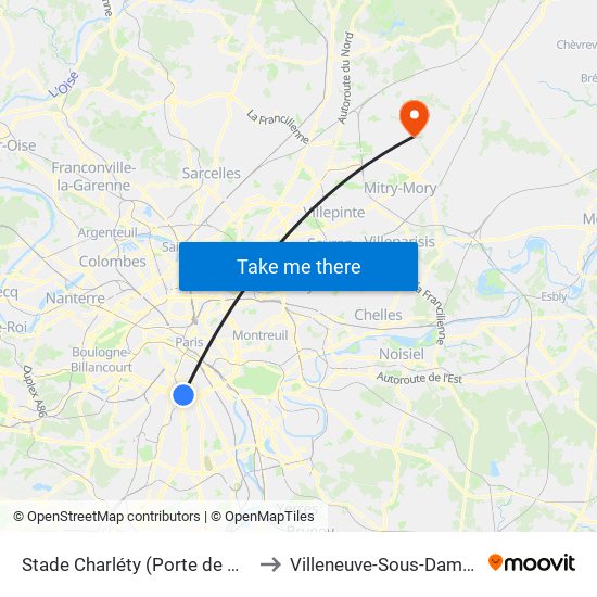 Stade Charléty (Porte de Gentilly) to Villeneuve-Sous-Dammartin map
