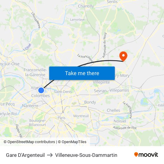 Gare D'Argenteuil to Villeneuve-Sous-Dammartin map