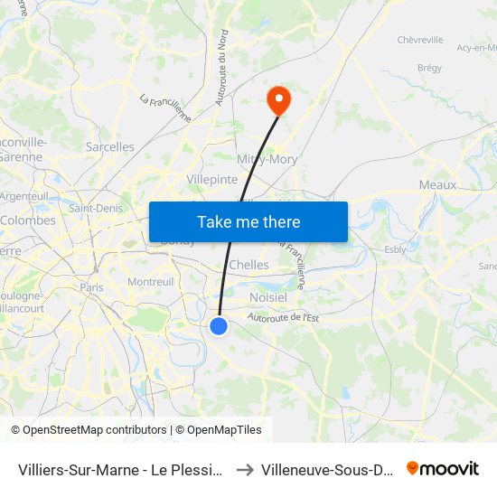 Villiers-Sur-Marne - Le Plessis-Trévise RER to Villeneuve-Sous-Dammartin map