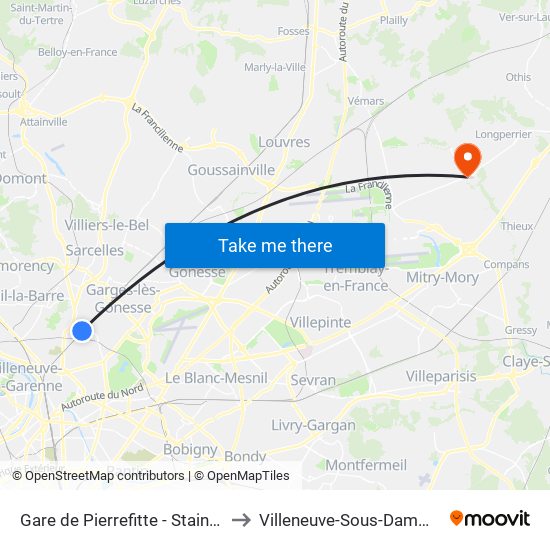 Gare de Pierrefitte - Stains RER to Villeneuve-Sous-Dammartin map